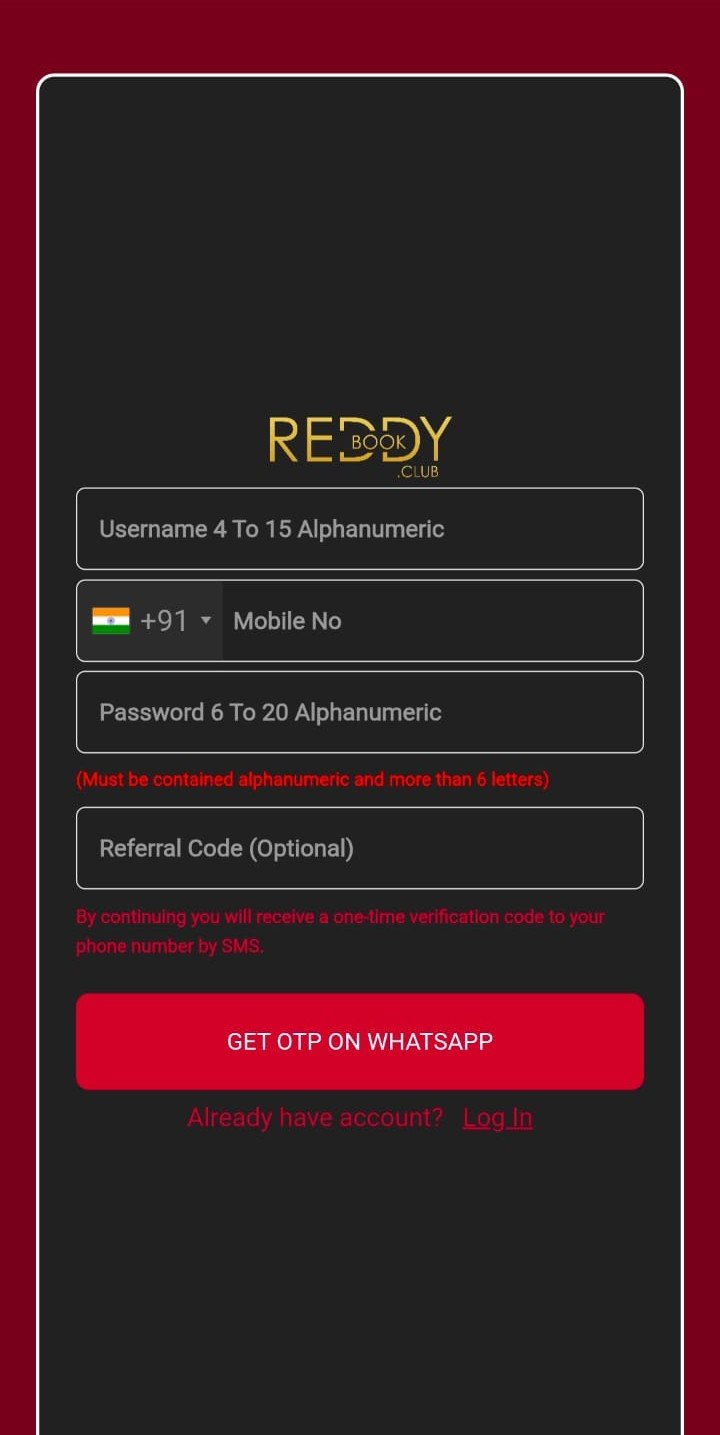 Reddybook signup page screenshot